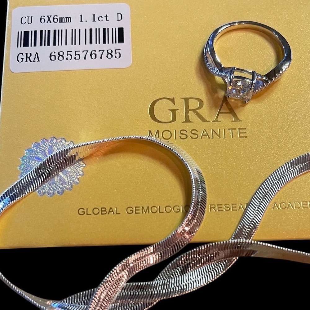 GRA Moissanite 1.1ct D Color Ring & Herringbone Chain Set Silver 925 Sz 6.5